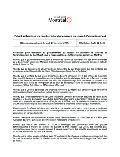 Résolution pour demander au gouvernement du Québec de maintenir le territoire de l'arrondissement du Sud-Ouest sous la responsabilité de la Commission scolaire de Montréal