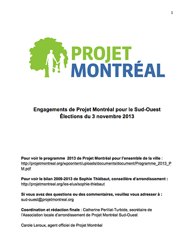 Engagements de Projet Montréal pour le Sud-Ouest - Élections du 3 novembre 2013
