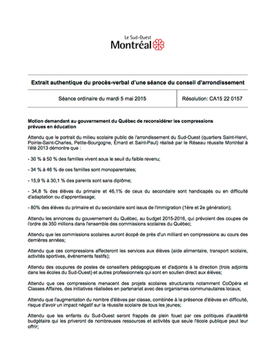 Motion demandant au gouvernement du Québec de reconsidérer les compressions prévues en éducation