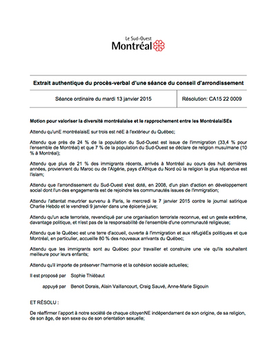 Motion pour valoriser la diversité montréalaise et le raprochement entre les MontréalaiSEs
