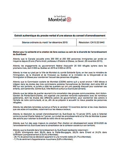 Motion pour la solidarité et la création de liens sociaux au sein de la diversité de l'arrondissement du Sud-Ouest