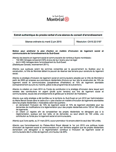 Motion pour améliorer le plan d'action en matière d'inclusion de logement social et communautaire de l'arrondissement du Sud-Ouest