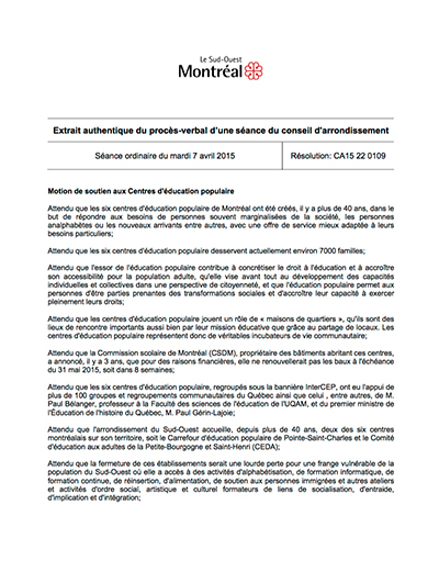 Motion de soutient aux Centres d'éducation populaire