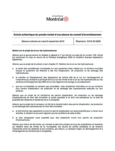 Motion sur le projet de loi sur les hydrocarbures
