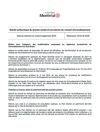 Motion pour l'adoption des modifications proposées au règlement d'urbanisme de l'arrondissement du Sud-Ouest