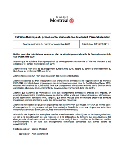 Motion pour les orientations locales au plan de développement durable de l'arrondissement du Sud-Ouest 2016-2020 Motion pour les orientations locales au plan de développement durable de l'arrondissement du Sud-Ouest 2016-2020