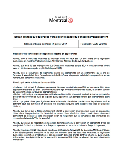 Motion pour la révision du règlement régissant la démolition d'immeubles de l'arrondissement Le Sud-Ouest