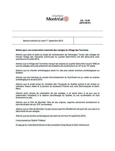 Motion pour une conservation maximale des vestiges du Village des Tanneries
