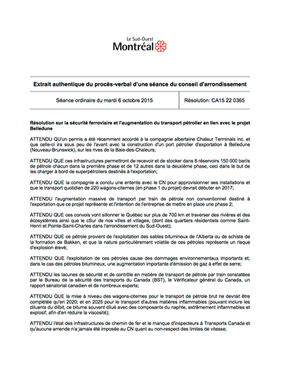 Résolution sur la sécurité ferroviaire et l'augmentation du transport pétrolier en lien avec le projet Belledune