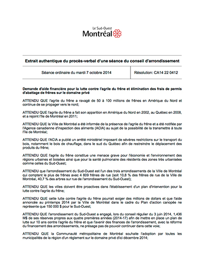Demande d'aide financière pour la lutte contre l'agrile du frêne et élmination des frais de permis d'abattage de frênes sur le domaine privé